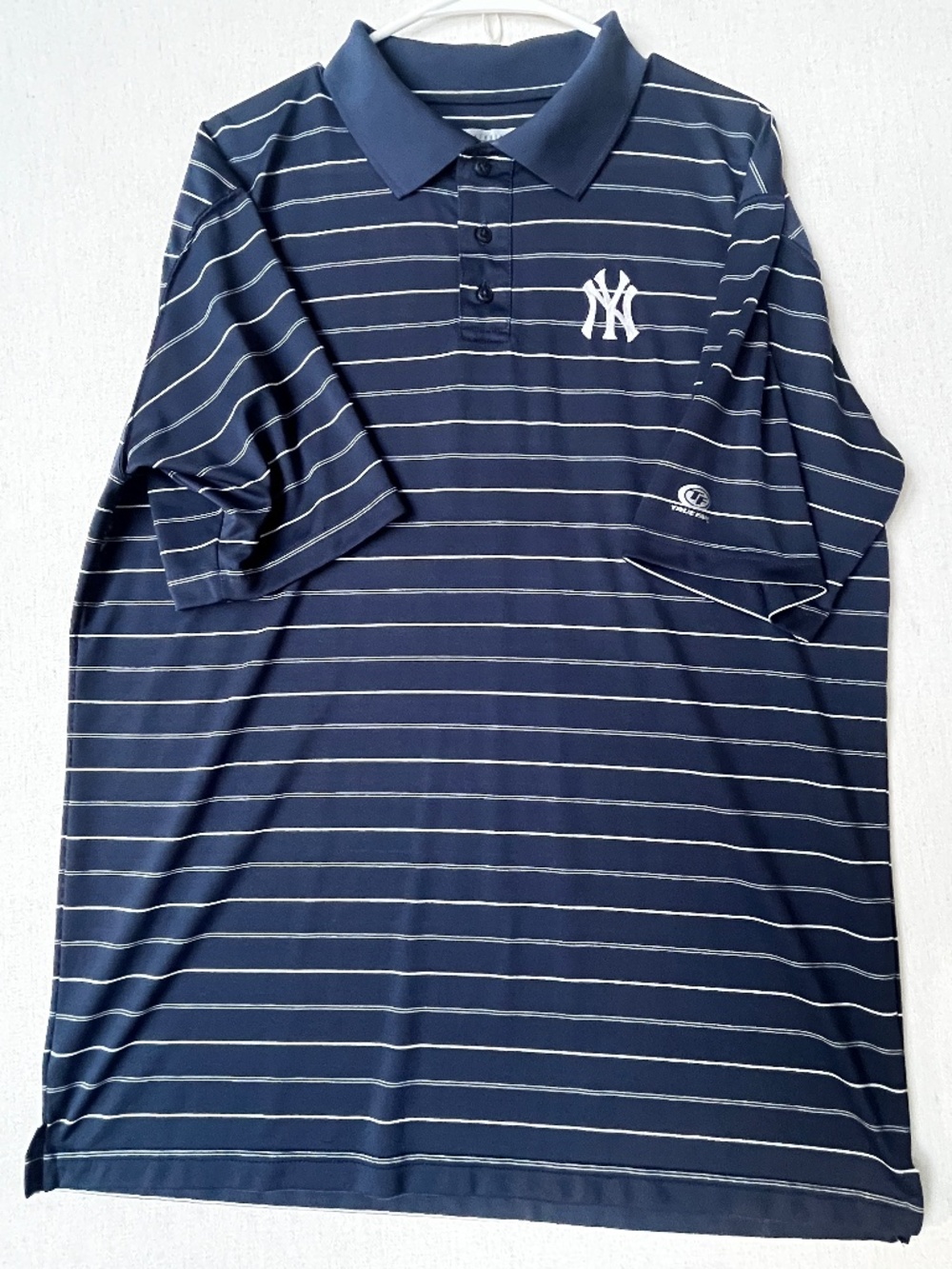 True Fan New York Yankees Polo Shirt Men Large L Blue Striped Polyester Mesh MLB